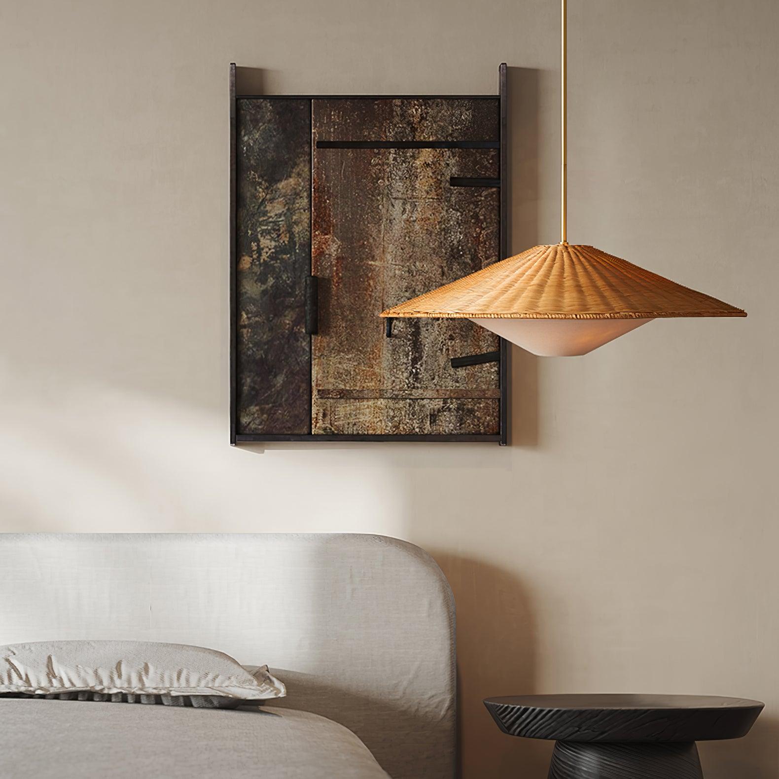 Woven Natural Rattan Hat Shape Pendant Light Boho Coastal Hanging Fixture Gold Metal Trim