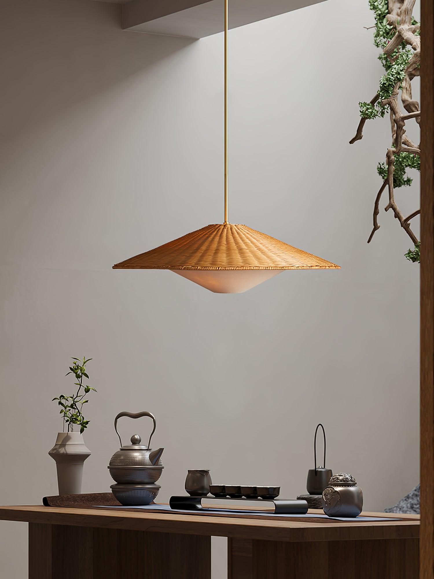 Woven Natural Rattan Hat Shape Pendant Light Boho Coastal Hanging Fixture Gold Metal Trim