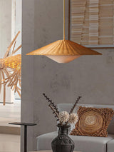 Woven Natural Rattan Hat Shape Pendant Light Boho Coastal Hanging Fixture Gold Metal Trim