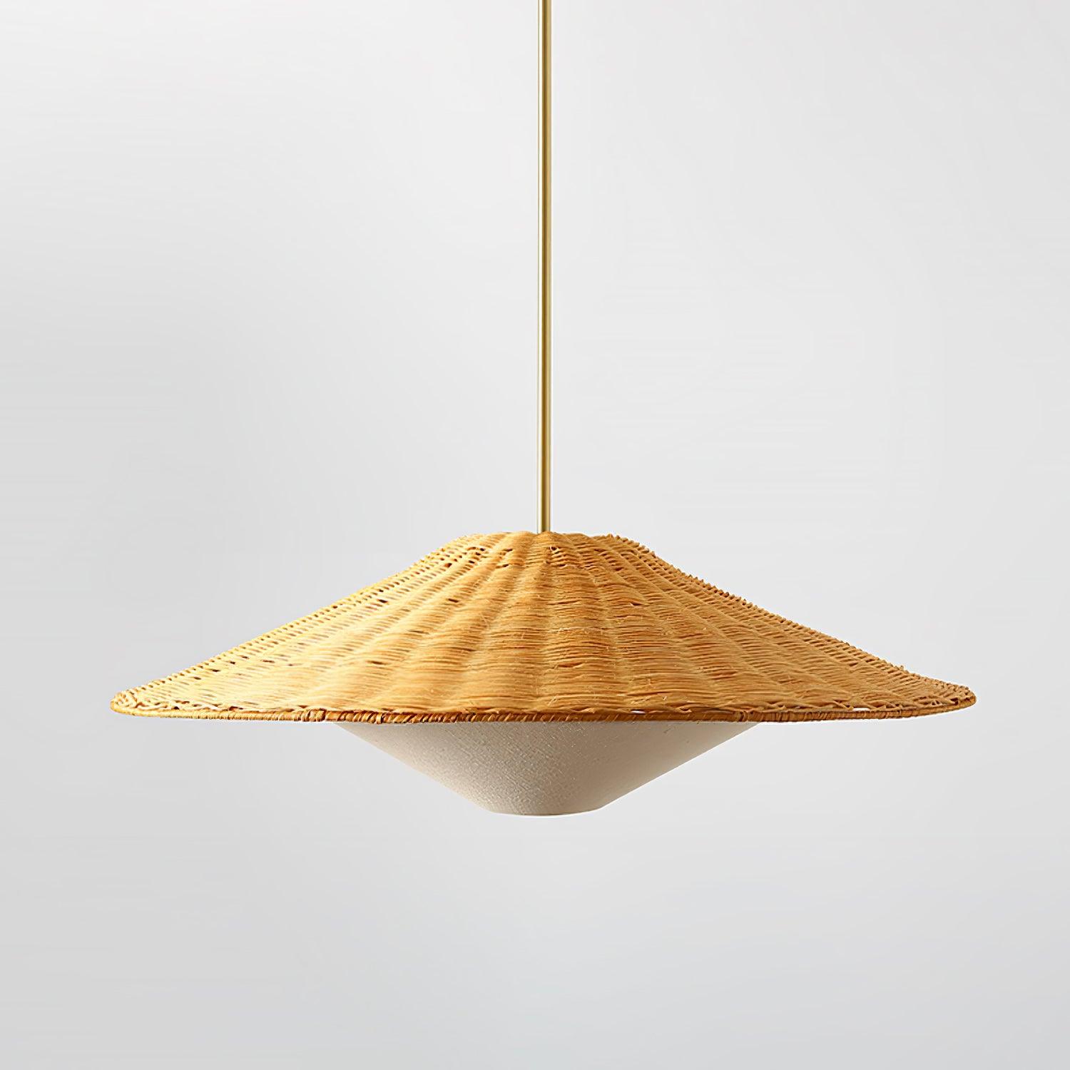 Woven Natural Rattan Hat Shape Pendant Light Boho Coastal Hanging Fixture Gold Metal Trim