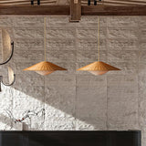 Woven Natural Rattan Hat Shape Pendant Light Boho Coastal Hanging Fixture Gold Metal Trim