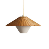 Woven Natural Rattan Hat Shape Pendant Light Boho Coastal Hanging Fixture Gold Metal Trim