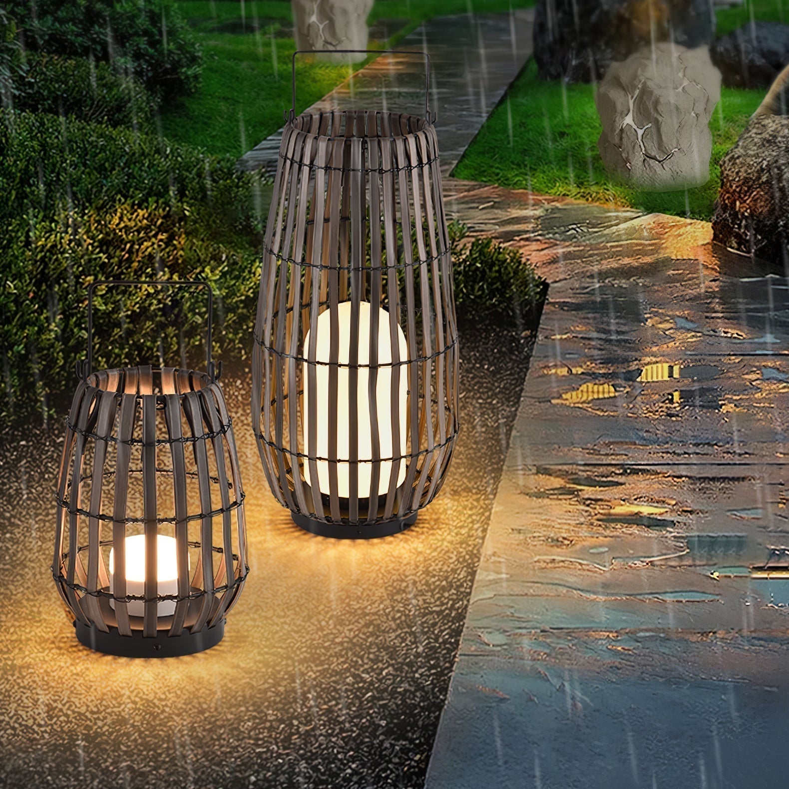 Woven Rattan Landscape Lantern Outdoor Floor Lamp IP65 Waterproof Garden Light