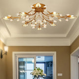 Vintage Antique Brass Leaf Crystal Branch Semi Flush Mount Ceiling Light 8 Light LED Chandelier