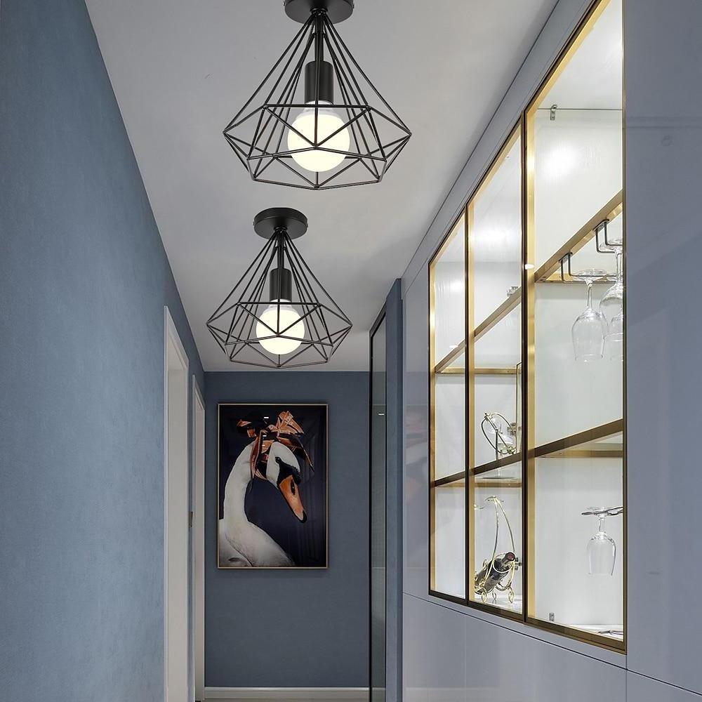 Vintage Geometric Black Metal Cage Flush Mount LED Ceiling Light for Hallways and Kitchens