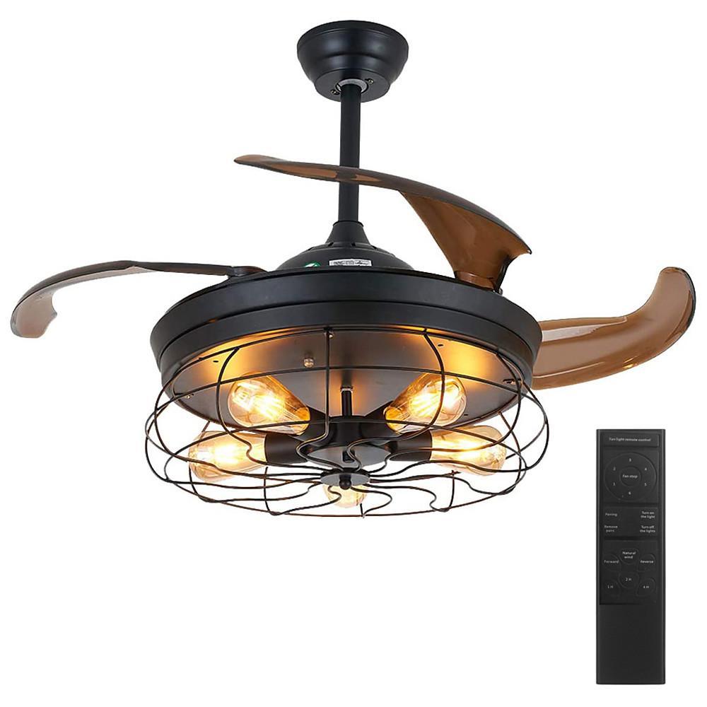 43 Inch Black Industrial Retractable Ceiling Fan with Lantern Light for Living Room