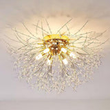 Elegant Flower Branch Crystal Ceiling Lamp 6 Light Brass Flush Mount Lighting