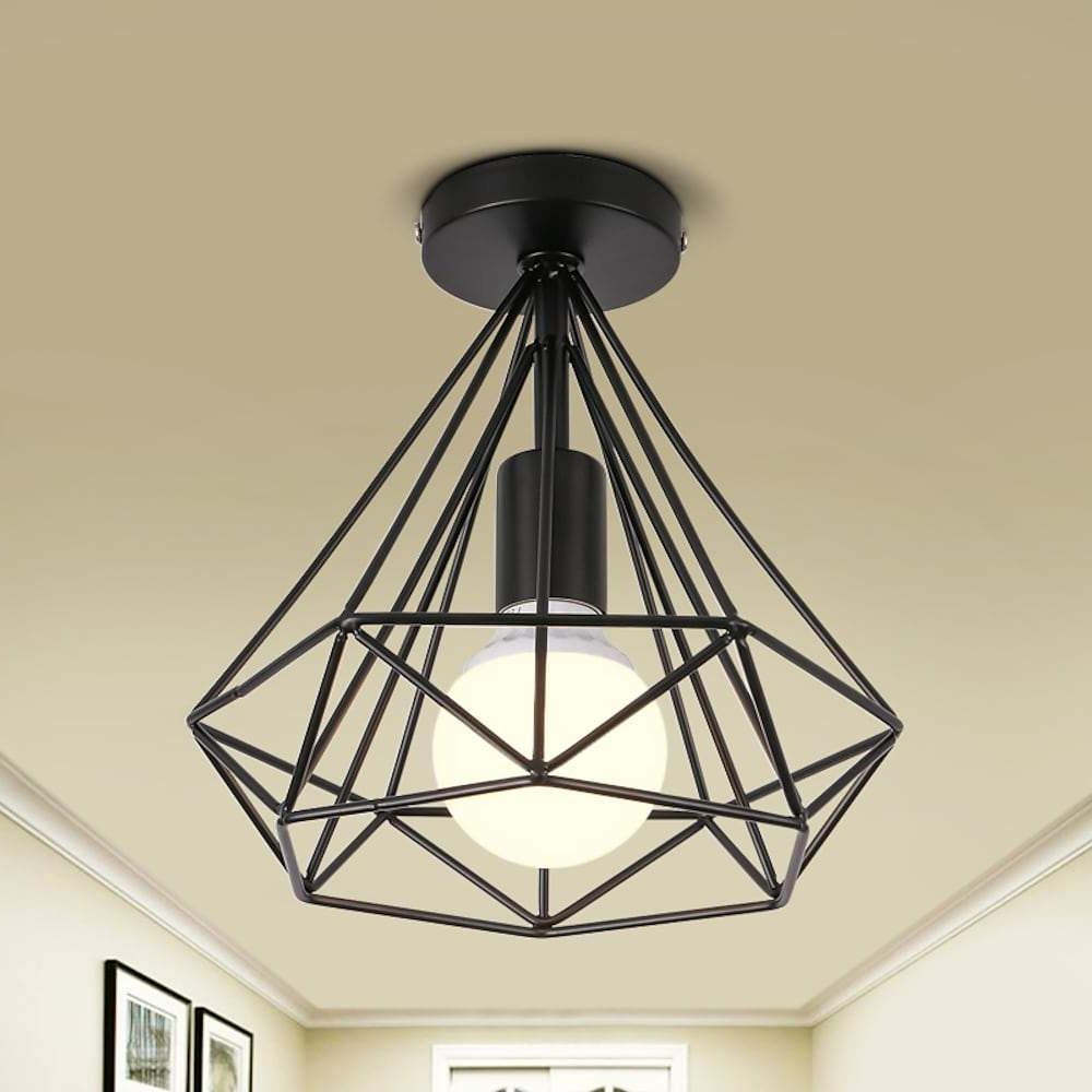 Vintage Geometric Black Metal Cage Flush Mount LED Ceiling Light for Hallways and Kitchens