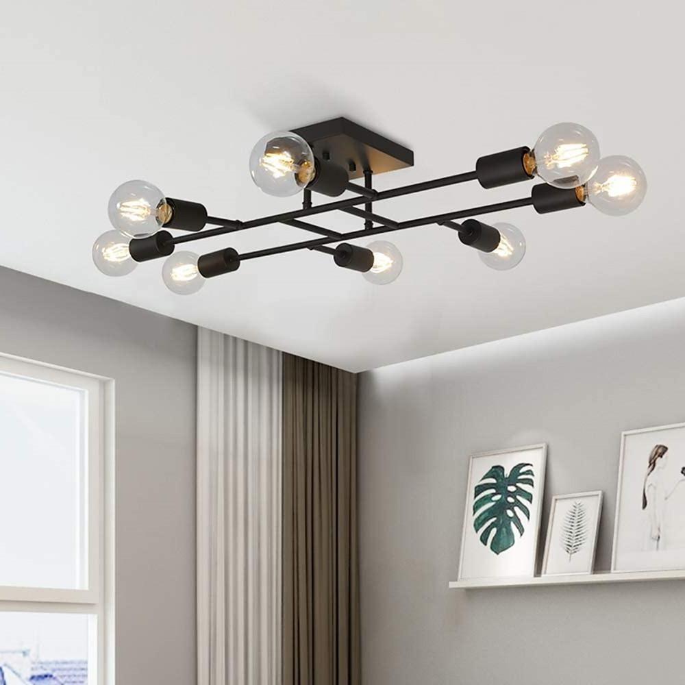 Vintage 8 Light Antique Brass Semi Flush Mount Ceiling Fixture with Geometric Industrial Metal Design