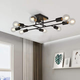 Vintage 8 Light Antique Brass Semi Flush Mount Ceiling Fixture with Geometric Industrial Metal Design