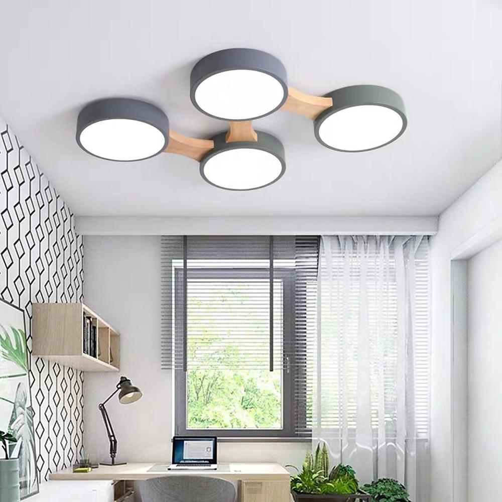 Modern Geometric Wood LED Flush Mount Ceiling Light with Dimmable Circular 5 Light Design