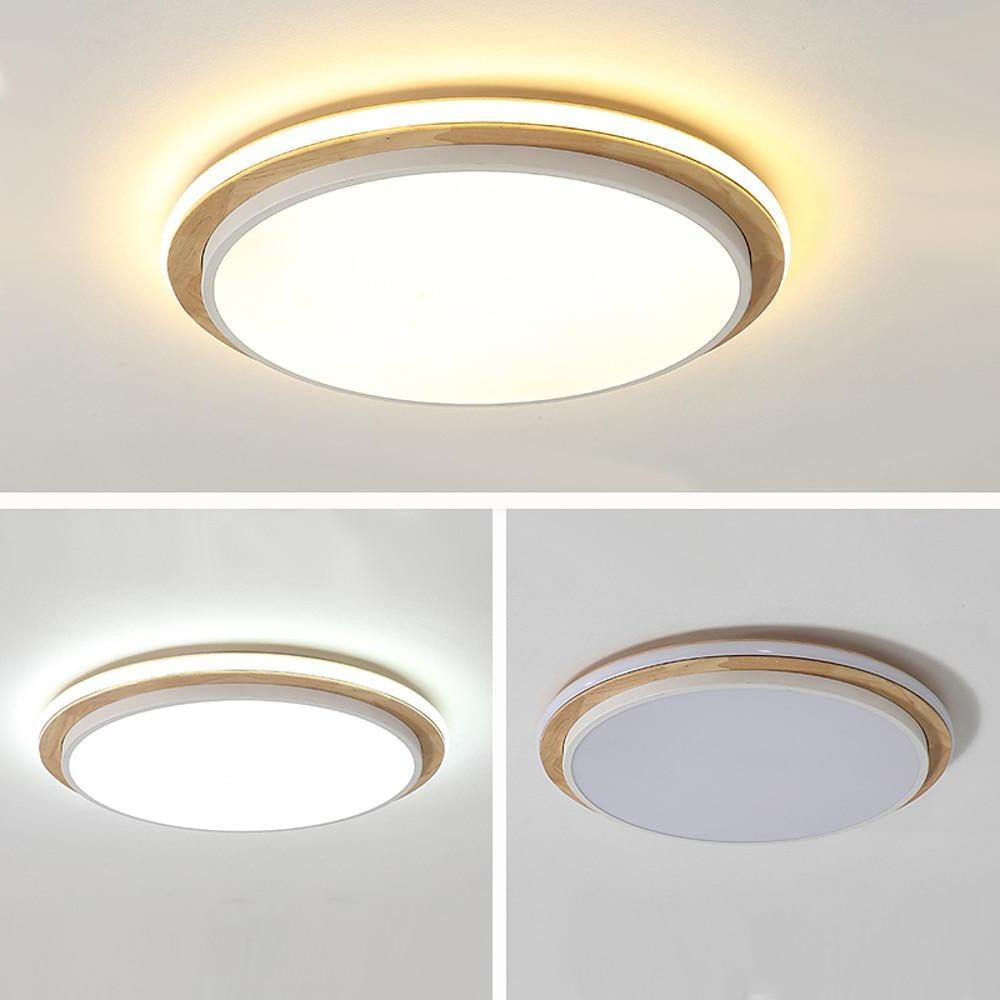 Modern Round Wood and Metal LED Flush Mount Ceiling Lamp 16 Inch Fixture