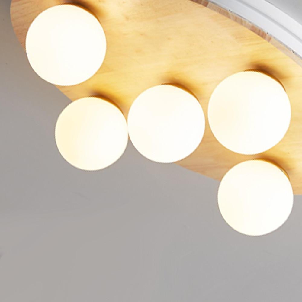 Modern Nordic 5 Light Round Wood and Glass Bubble Flush Mount Ceiling Light