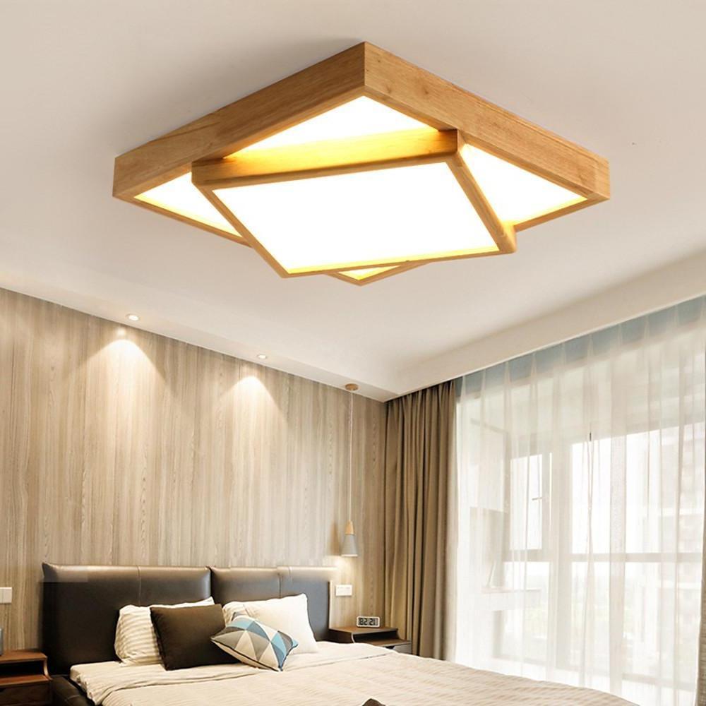 Modern Nordic Square Wood Dimmable LED Ceiling Light Flush Mount Fixture for Home